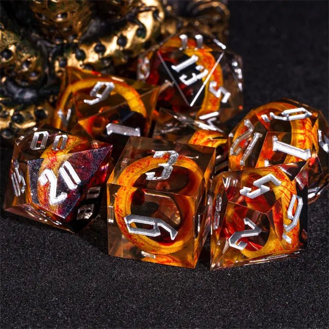 Ringbearer’s Fortune – 7pc Handmade Amber Ring Dice Set - Nerd Gear Gaming Inc.